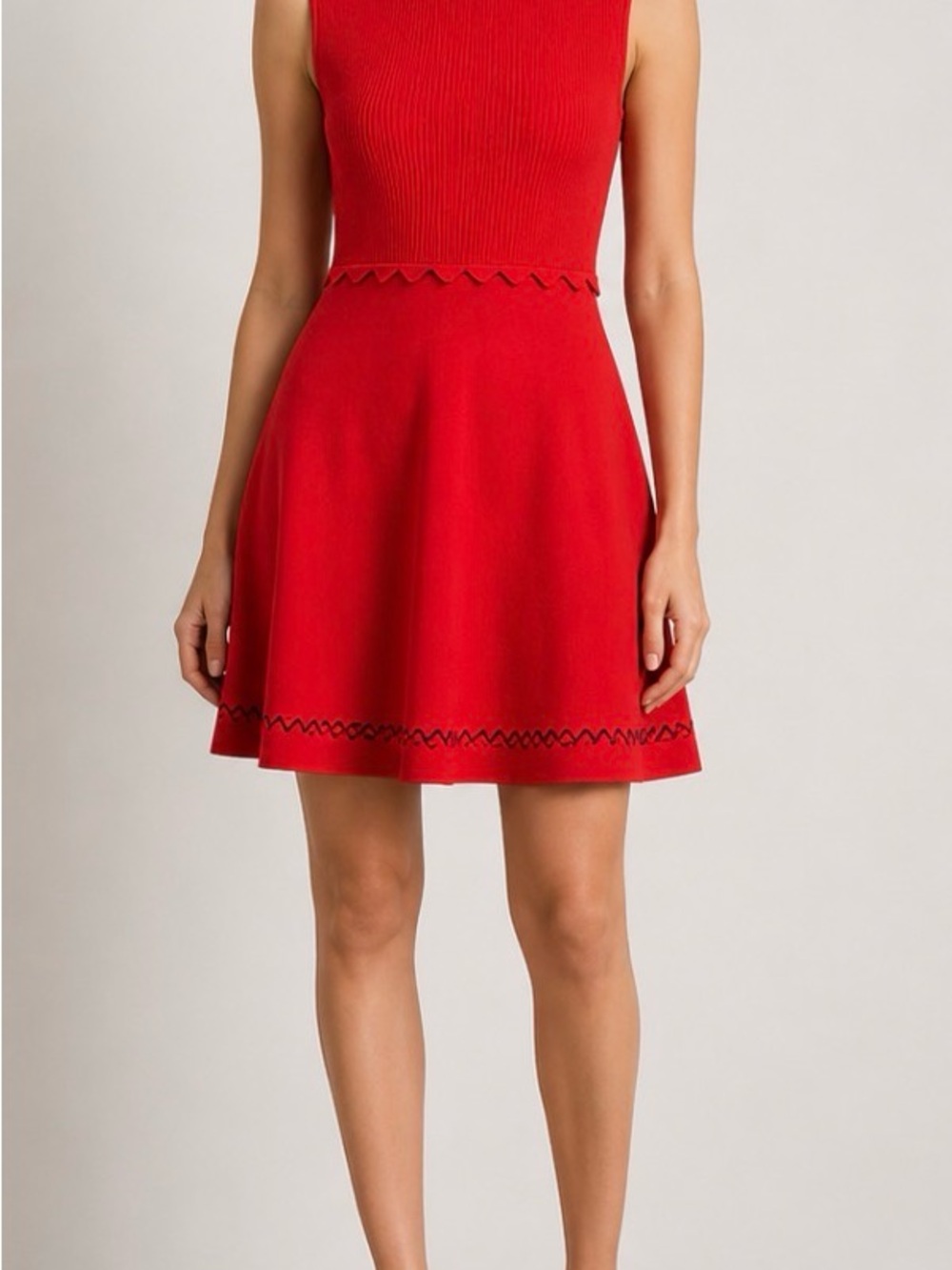 Ted Baker London Red Fit & Flare Knit Dress Scallop Waist Sleeveless Zip Back - Picture 2 of 4
